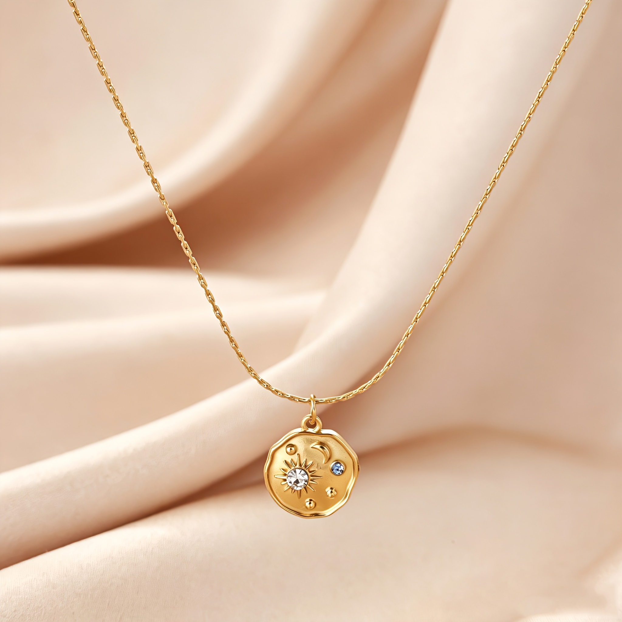 Stainless Steel Inlaid Colored Zirconia Moon Pendant Necklace